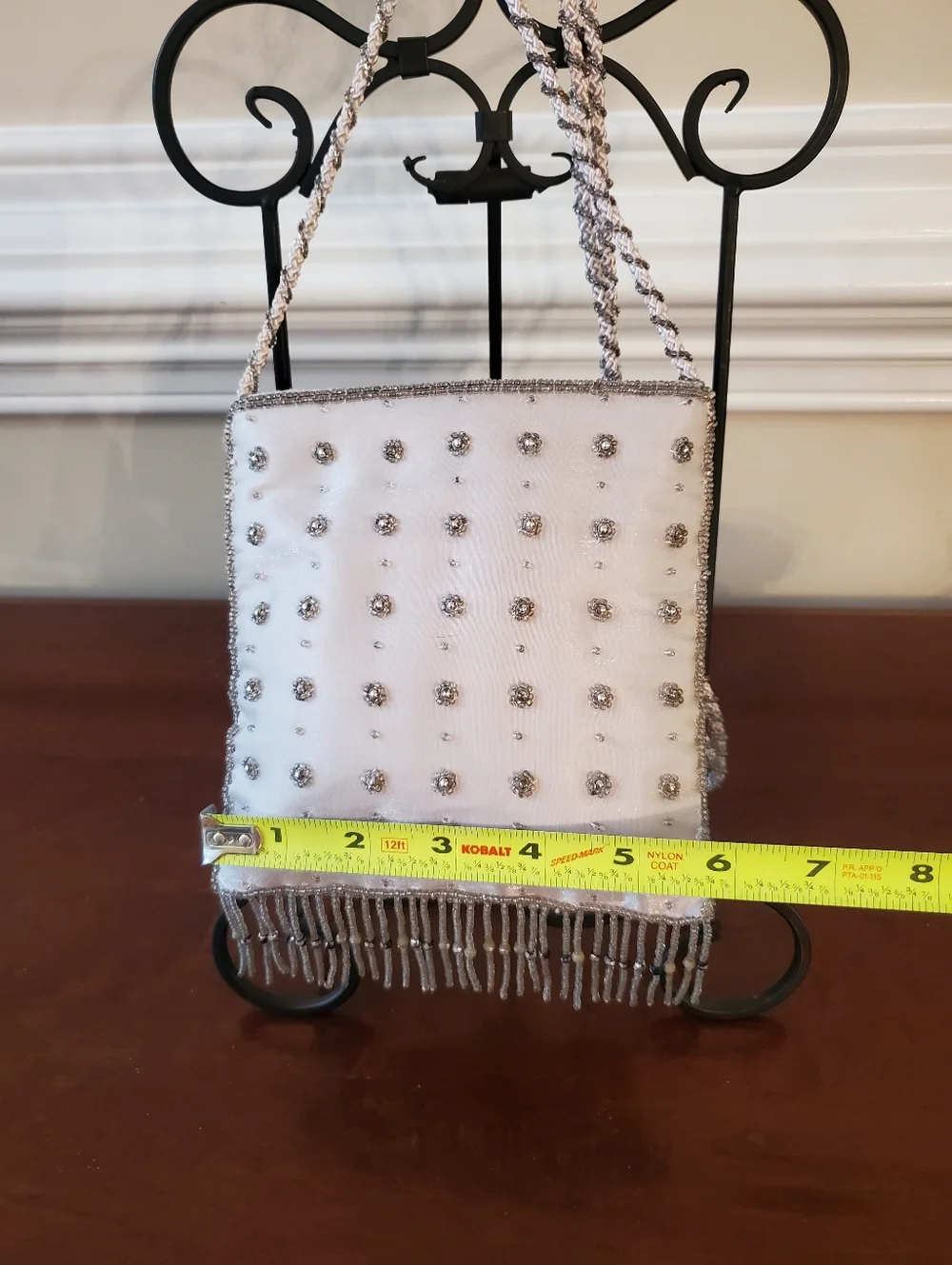 Vtg - La Regale - Silver White - Satin - Beaded Fringe Purse